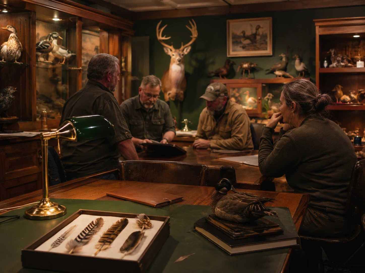 Taxidermists discussing work together in a warmly lit studio with finished wildlife displays.