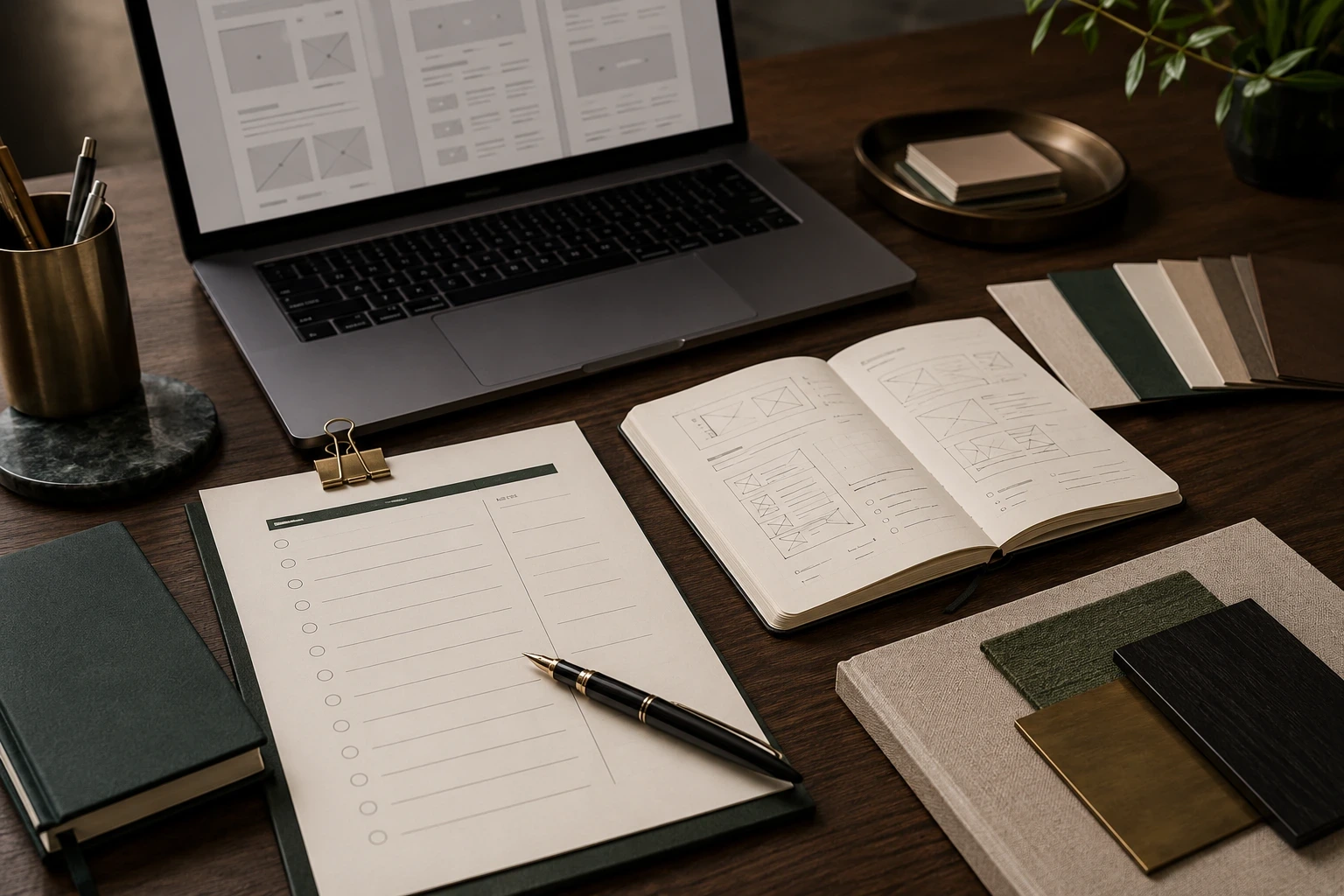 Website planning materials arranged on a table for an association project discussion.