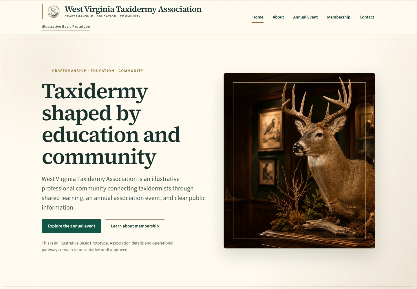 Basic association website homepage preview showing its shared header and editorial Hero.
