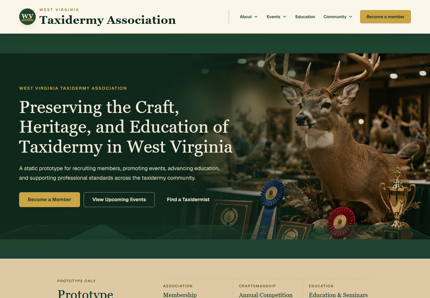 Standard association website homepage preview with West Virginia Taxidermy Association navigation and an event-focused Hero.